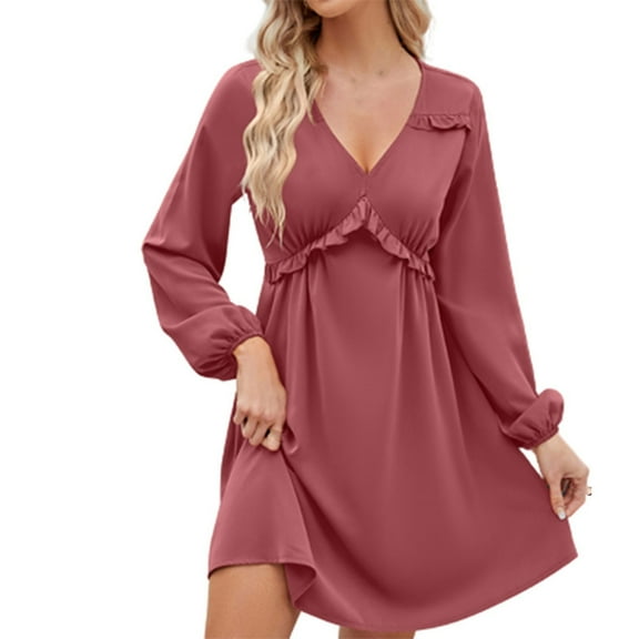Elainilye Fashion Vacation Dresses for Women Long Sleeve Solid Color V-Neck Short Skirt Casual Dress,Pink