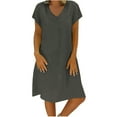 thumbnail image 1 of Elainilye Fashion Vacation Dresses for Women Loose V-Neck Summer Solid Short Sleeve Cotton and Linen Dress,Gray, 1 of 5