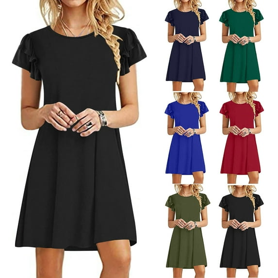 Elainilye Fashion Vacation Dresses for Women Mini Dresses Summer Casual Ruffle Short Sleeve Flowy Dress with Pockets,Blue