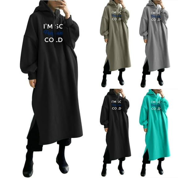 Elainilye Fashion Vacation Dresses for Women Print Loose Hooded Comfy Long Sleeve Dress,Gray