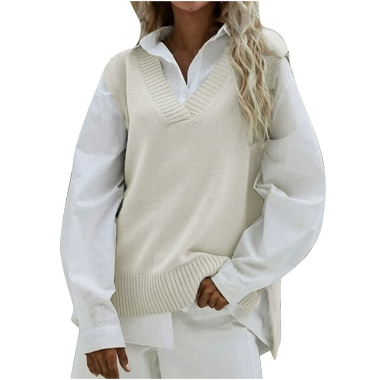 Elainilye Fashion Vest For Women Sweater Slim V-Neck Vest Knit Sweater  Ladies Sleeveless Hooded Casual Jacket Top,White 