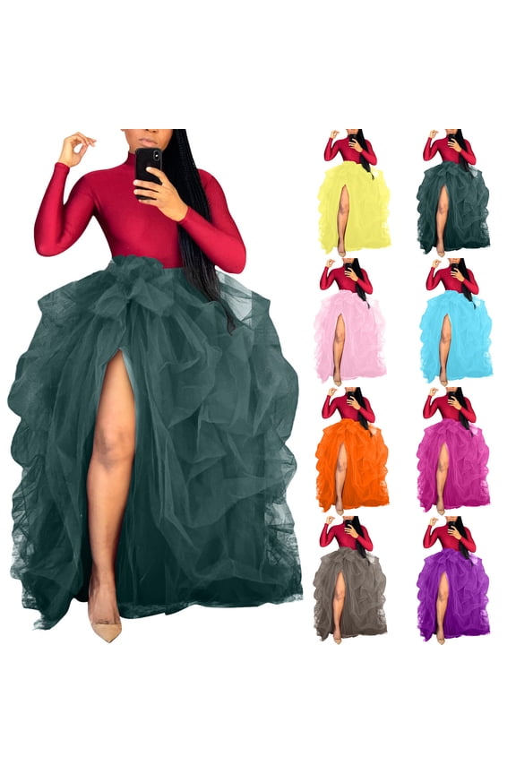 Fashion Wedding Dresses for Women Tulle Long Skirt High Waist Ruffle Floor Length Wedding Puffy Maxi Skirts,Pink