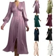 thumbnail image 1 of Elainilye Fashion Wedding Guest Dresses Long Sleeve Satin Soft Dress V-Neck Temperament Slim Lantern Sleeve Dress,Red, 1 of 9