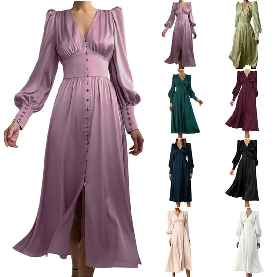 Elainilye Fashion Wedding Guest Dresses Long Sleeve Satin Soft Dress V-Neck Temperament Slim Lantern Sleeve Dress,White