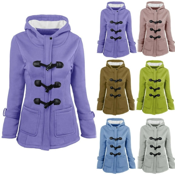 Elainilye Fashion Winter Coats for Women Solid Color Horn Buttons Cardigan Padded Hooded Coat Jacket Overcoat,Purple