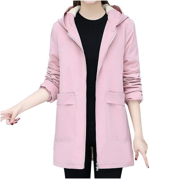 Elainilye Fashion Winter Fleece Jacket For Women Pocket Quilted Coat Winter Fleece Lined Jacket Long Sleeve Hooded Coat Zipper Solid Outerwear,Pink