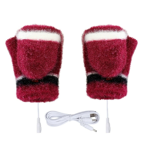 Elainilye Fashion Winter Gloves For Men And Women Winter Cold Protection Warm USB Heating Gloves Windproof Half Finger Knit Gloves,Red