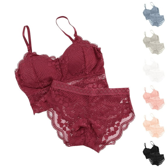Elainilye Fashion Wireless Pushup Bra for Women Padded Bras with Briefs Set Comfortable Lace Breathable Bra Underwear Set,Red