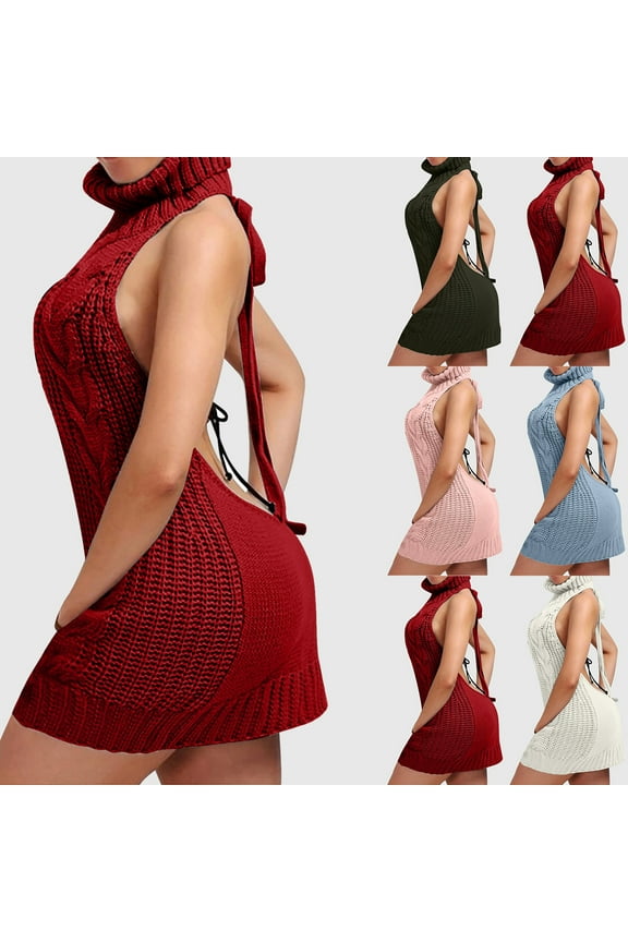 Fashion Women Backless Nightdress Long Tie Open Turtleneck Sleeveless Sweater Dress Nighties,Blue