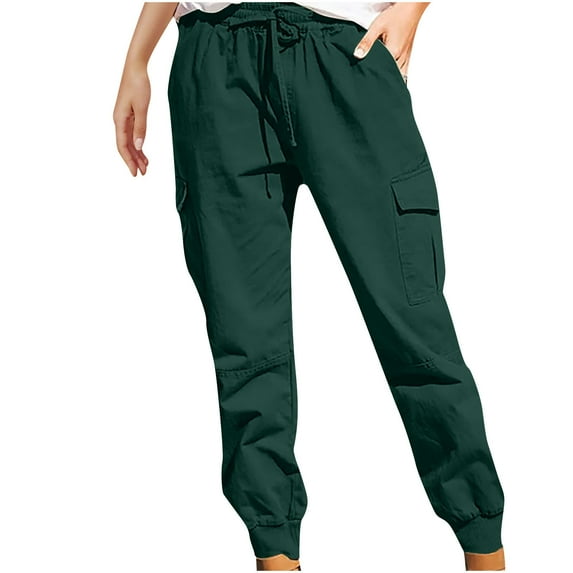 Elainilye Fashion Women Cargo Pants Plus Size Drawstring Casual Solid Pants Elastic Waist Pants With Multi-Pockets Baggy Cargo Pants Trousers