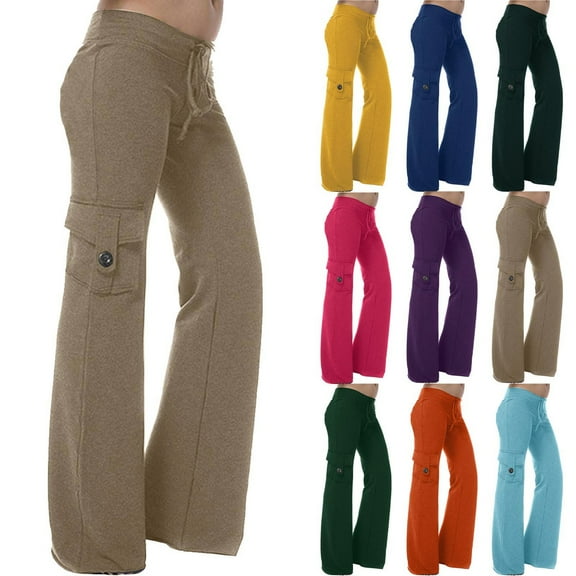 Elainilye Fashion Women Cargo Pants Workout Leggings Stretch Waist Button Pocket Pants for Yoga Gym Loose Pants Trousers,Blue