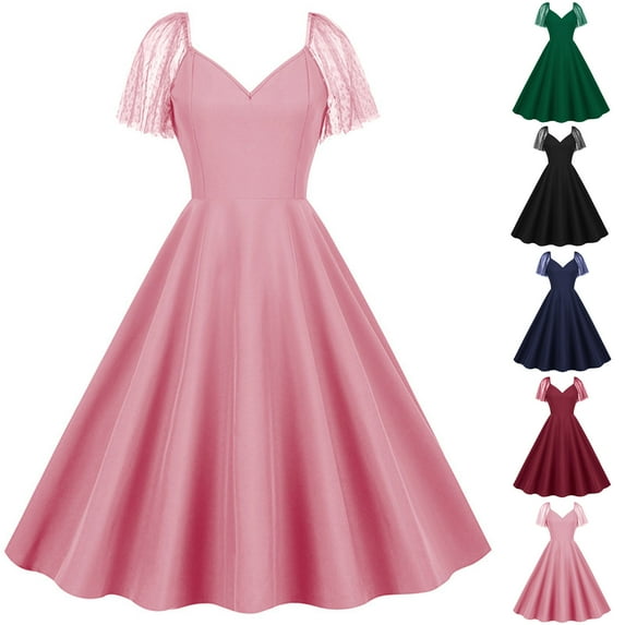 Elainilye Fashion Women Dresses Solid Color Mesh Splicing Vintage Dress Puffy Dress Formal Party Dress Large Skirt,Pink