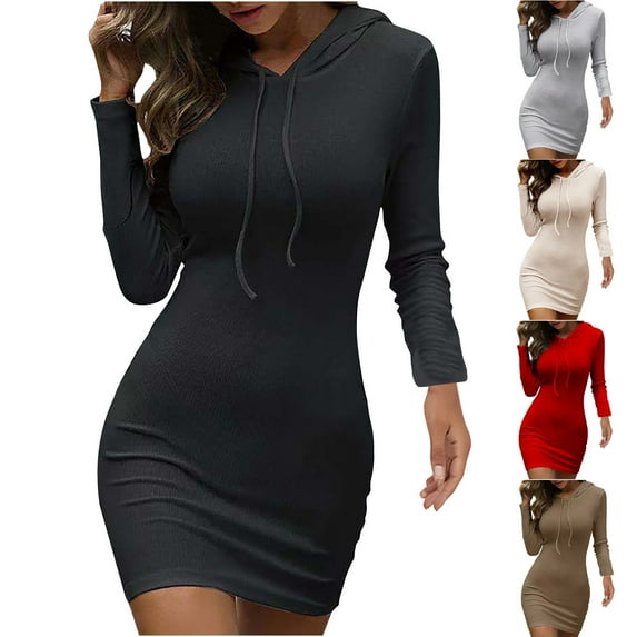 Elainilye Fashion Women Dresses Spring Leisure Solid Tight Hooded Long Sleeved Dress Bodycon Dress,Gray