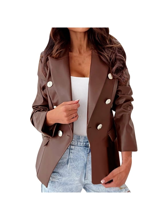 Fashion Women Faux Leather Jacket Business Attire Solid Color Long Sleeve Jacket Cardigan Top Coat Outerwear Blazers,Brown