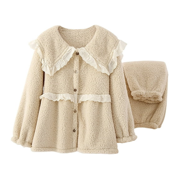 Elainilye Fashion Women Pajama Sets Casual Winter Fleece Loungewear Long Sleeve Nightwear Two Piece Sets Homewear,Beige