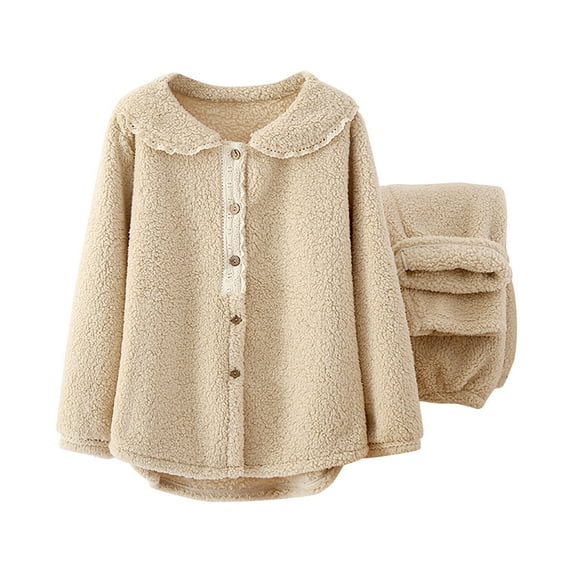 Elainilye Fashion Women Pajama Sets Casual Winter Fleece Loungewear Long Sleeve Nightwear Two Piece Sets Homewear,Beige