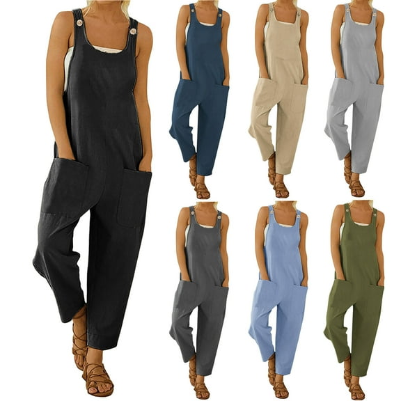 Elainilye Fashion Women Pants Ethnic Style Solid Buttons Suspender Long Jumpsuit Cotton and Linen Pants,Gray