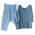 thumbnail image 1 of Elainilye Fashion Women'S Pajama Sets Solid V-neck Long Sleeve Pullover Shirt Tops And Pants Set Loungewear Set,Blue, 1 of 8