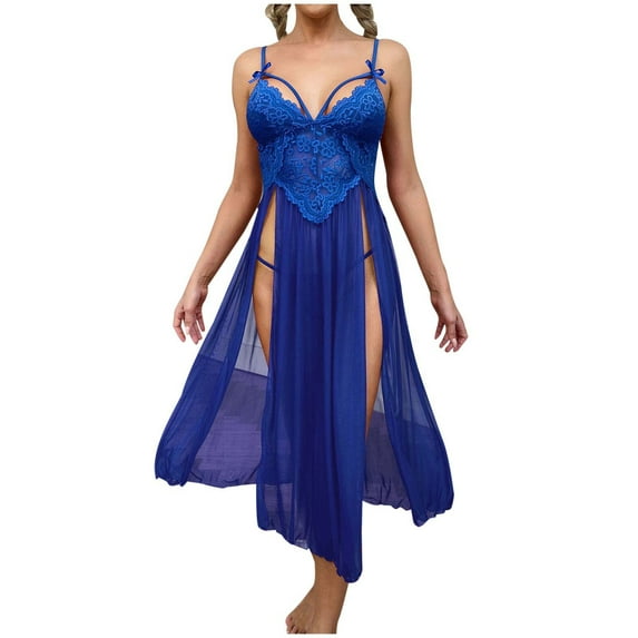 Elainilye Fashion Women'S Pajamas Mesh Deep V Lace Nightdress Side Slit Camisole Home Dress Pajama Dress Set,Blue