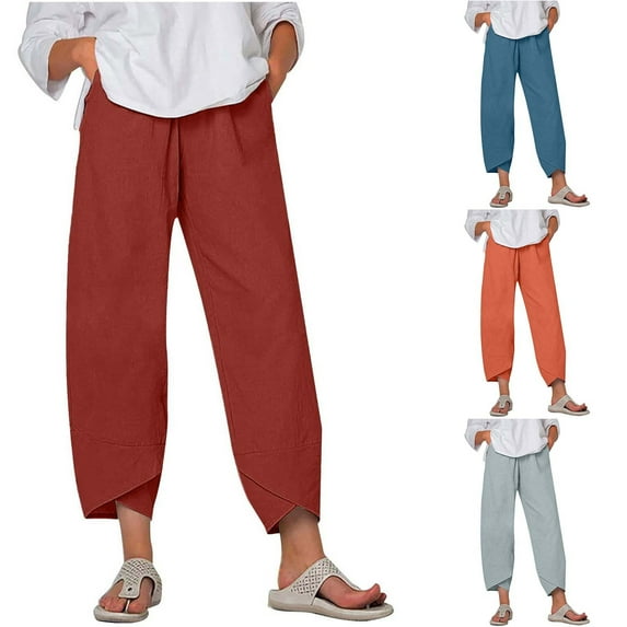 Elainilye Fashion Women'S Pants Elastic High Waist Casual Beach Pants Cotton Linen Pants Solid Pants Cropped Trouser,Blue