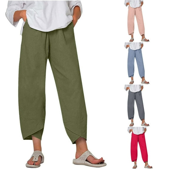 Elainilye Fashion Women'S Pants Elastic High Waist Casual Beach Pants Cotton Linen Pants Solid Pants Cropped Trouser,Gray