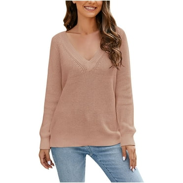 Elainilye Fashion Women'S Shirts V-Neck Solid Print Loose Fitting Casual Knitted Sweater