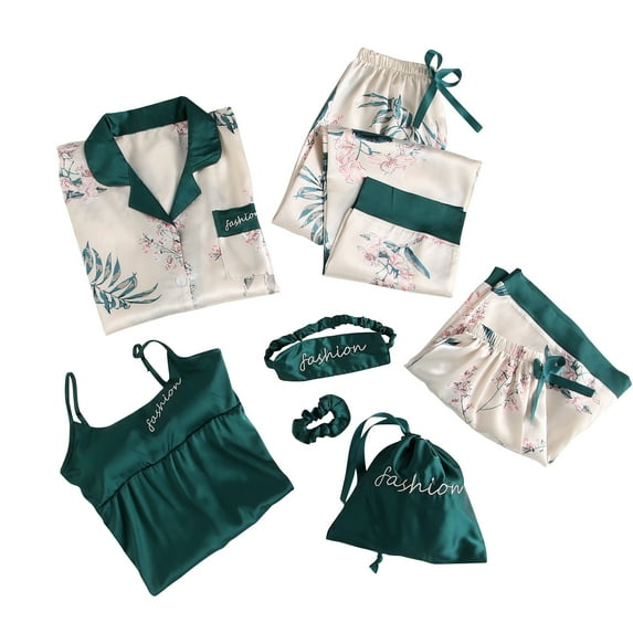 Elainilye Fashion Women'S Sleepwear Pajamas Sets Homewear Silky PJ Set Nightwear Loungewear Seven PC Sets,Brown