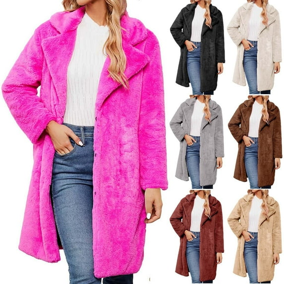 Elainilye Fashion Women'S Winter Coats Ladies Warm Faux Furry Long Coat Jacket Winter Solid Turn Down Collar Outerwear,Gray