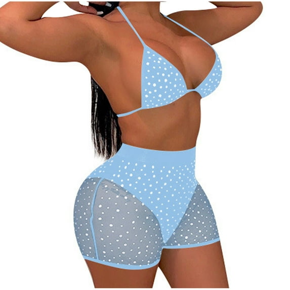 Elainilye Fashion Women Swimsuits Mesh Sequins Shorts Bikini Push-Up Pad Swimwear Swimsuit Beachwear Set,Blue