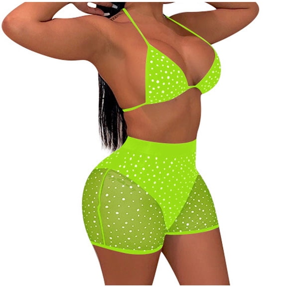 Elainilye Fashion Women Swimsuits Mesh Sequins Shorts Bikini Push-Up Pad Swimwear Swimsuit Beachwear Set,Green