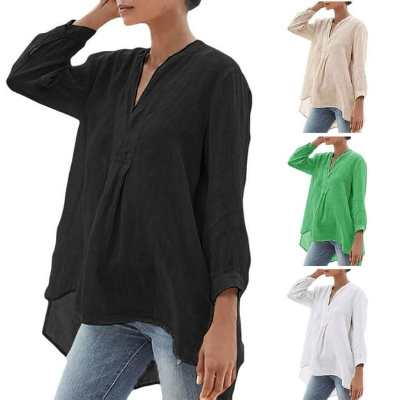 Elainilye Fashion Women Top Plus Size Summer Long Sleeves V-Neck Cotton Linen Loose Shirt Blouse,Green
