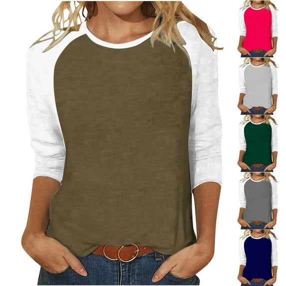 Elainilye Fashion Women Tops Patchwork Color Block Print Loose T-shirt 3/4 Sleeves Blouse Round Neck Casual Tops,Blue