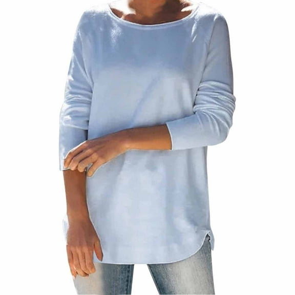 Elainilye Fashion Women Tops Round Neckline Solid Color Bubble Sleeve Long Sleeved Casual Loose Tops