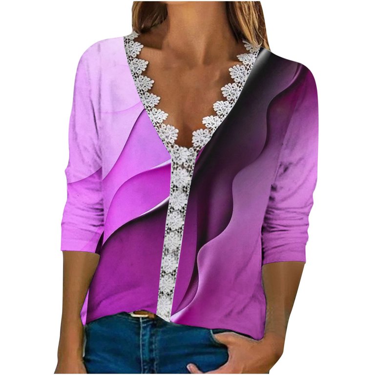 Print V-neck Loose Blouses, Casual Long Sleeve Fashion Shirts Tops, Women's  Clothing