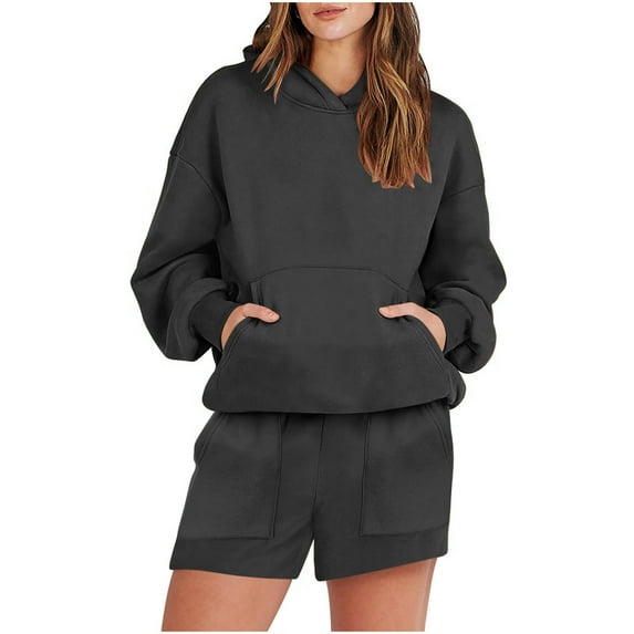 Elainilye Fashion Women Two Piece Outfits Casual Drawstring Hooded Long Sleeve Tops Sweatshirt With Pocket Shorts Set,Black