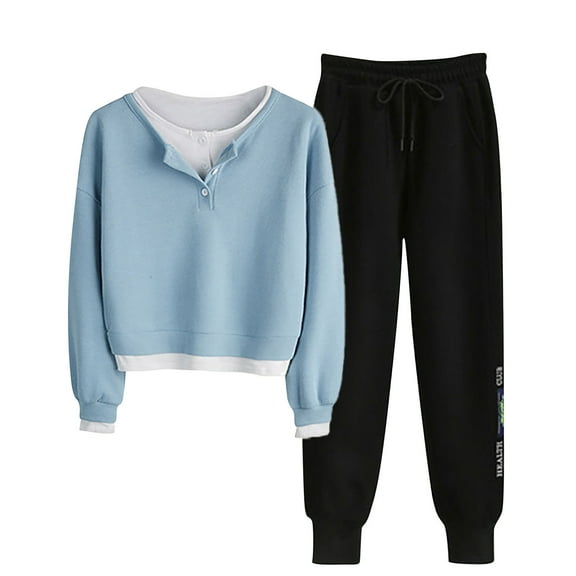 Elainilye Fashion Women's 2 Piece Outfits Long Sleeved V-neck Sweatshirt Pants Sweatsuit Set With Buttons Tracksuit Set,Blue