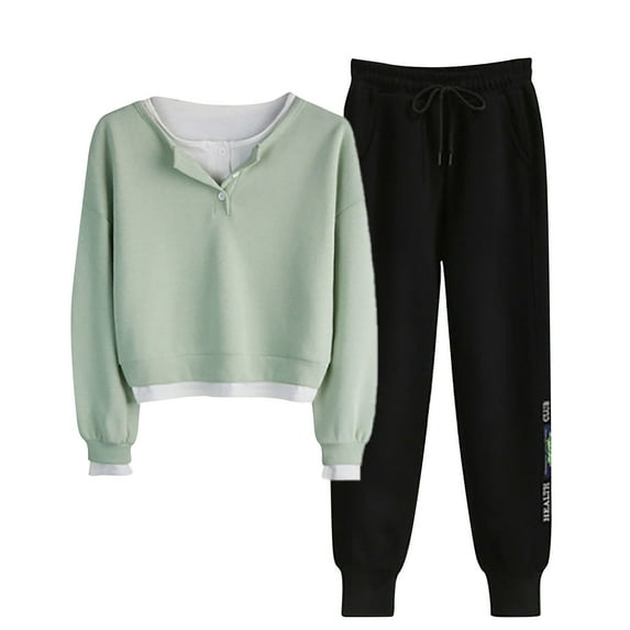 Elainilye Fashion Women's 2 Piece Outfits Long Sleeved V-neck Sweatshirt Pants Sweatsuit Set With Buttons Tracksuit Set,Green