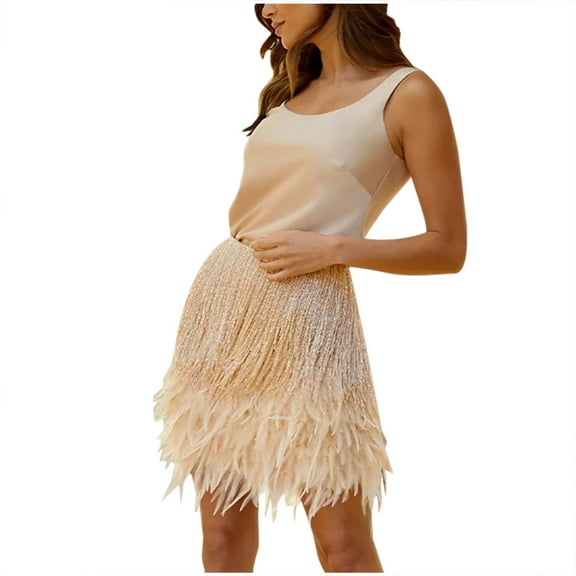 Elainilye Fashion Women's 2 Piece Skirt Suit Solid Tassels Plume Casual Sleeveless Camisole And Short Skirt Set,Beige