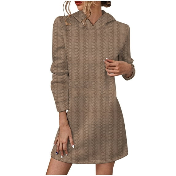 Elainilye Fashion Women's Casual Dresses Casual Solid Color Long Sleeve Loose Hooded Dress with Pocket,Brown