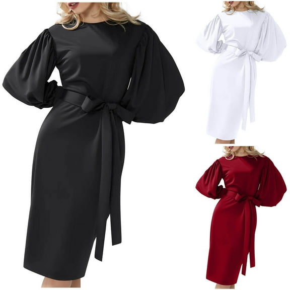 Elainilye Fashion Women's Casual Dresses Fall and Spring Temperament Round Neck Bag Hip Lantern Sleeve Large Dress,White