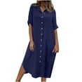 thumbnail image 1 of Elainilye Fashion Women's Casual Dresses Medium Sleeve V-Neck Button Solid Color Dress Long Dress Summer Dresses,Blue, 1 of 6