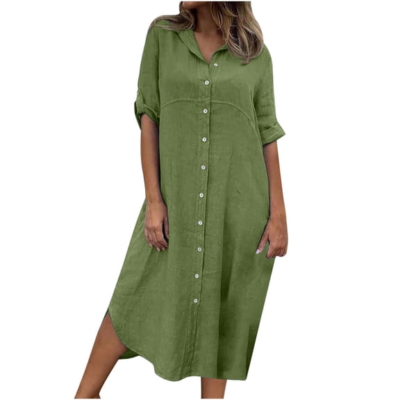 Elainilye Fashion Women's Casual Dresses Medium Sleeve V-Neck Button Solid Color Dress Long Dress Summer Dresses,Green