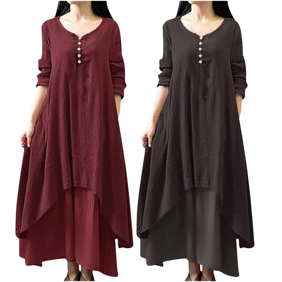 Elainilye Fashion Women's Casual Dresses Plus Size Round-Neck Solid Long Dress Helf Sleeve Buttons Dress Summer Dresses,Brown