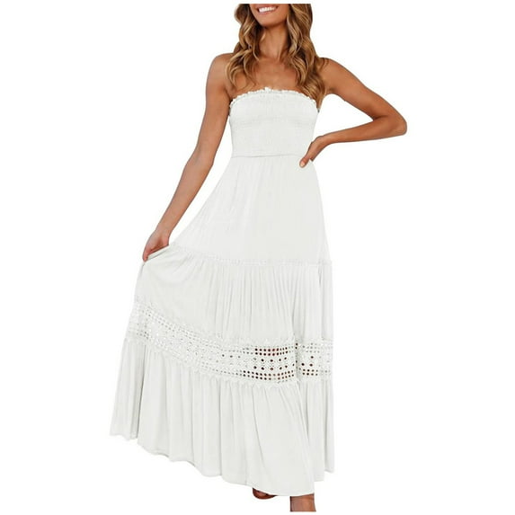 Elainilye Fashion Women's Casual Dresses Summer Casual Beach Tube Top Sleeveless Solid Lace Dress,White