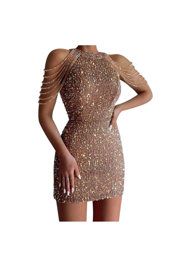 Fashion Women's Cocktail Dresses Crewneck Sequin Sleeveless Zipper Solid Mini Dress Formal Dress Party Club Dress,Brown