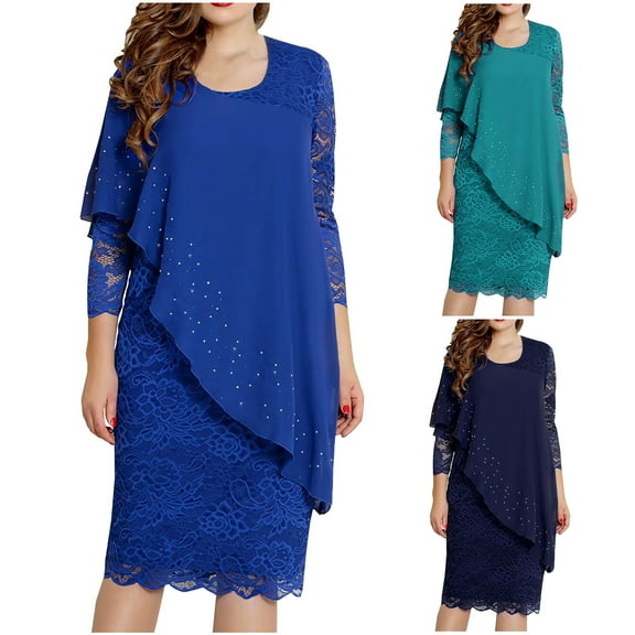 Elainilye Fashion Women's Cocktail Dresses Plus Size Sexy Casual Full Sleeve Round Neck Print Lace Splicing Dress,Blue