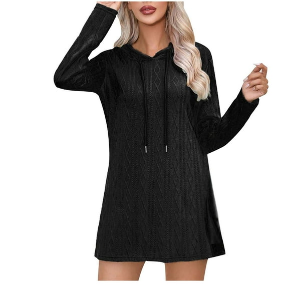 Elainilye Fashion Women's Dresses Casual Long Sleeve Dress Solid Outing Hooded Dress A Line Dress,Black
