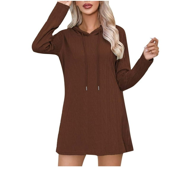 Elainilye Fashion Women's Dresses Casual Long Sleeve Dress Solid Outing Hooded Dress A Line Dress,Brown