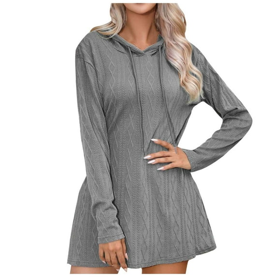 Elainilye Fashion Women's Dresses Casual Long Sleeve Dress Solid Outing Hooded Dress A Line Dress,Gray