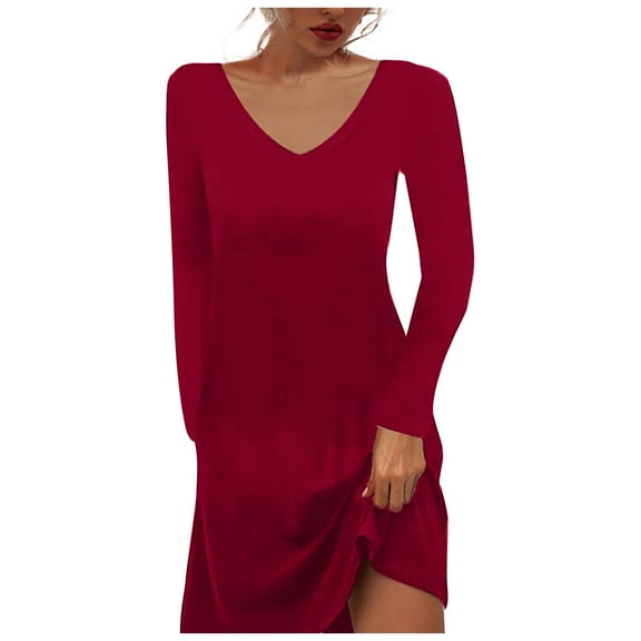 Elainilye Fashion Women's Dresses Sexy Casual Black V-Neck Solid Dress Long Sleeve Dress,Red